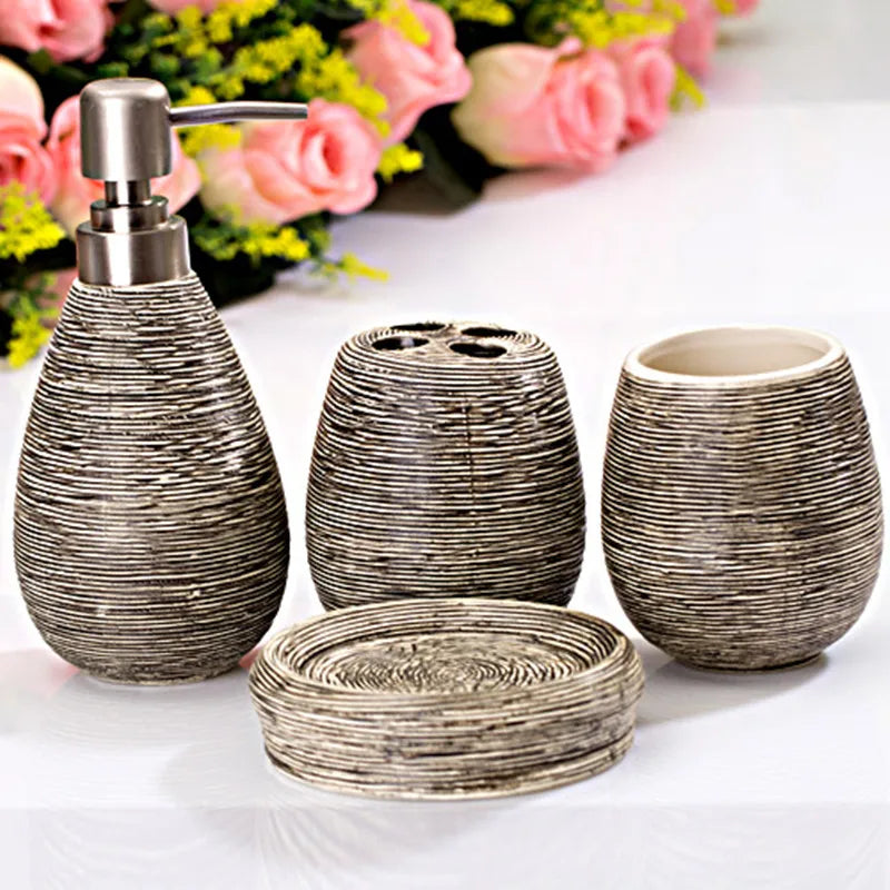 Bathroom Ceramic Set Shampoo Dispenser Bottle Soap Dish Toothbrush Holders Rinse Cup Bathroom Accessories Set