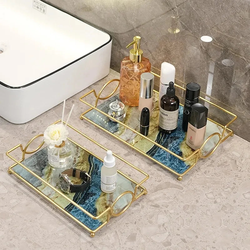 Luxury Gold Plated Rectangular Bathroom Tray Cosmetics Storage Rack Living Room Decor Desktop Sundries Food Storage Serving Tray