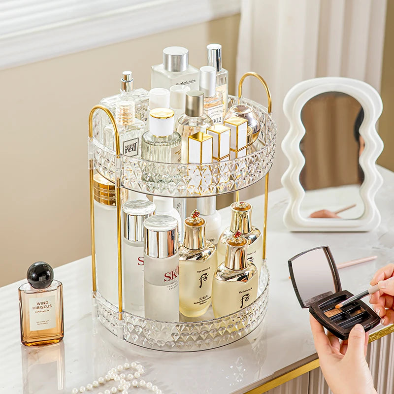 360° Rotating Cosmetic Organizer 3 Tier Transparent Diamond Pattern Cosmetic Rack Bathroom Cosmetic Vanity Organizer Countertop