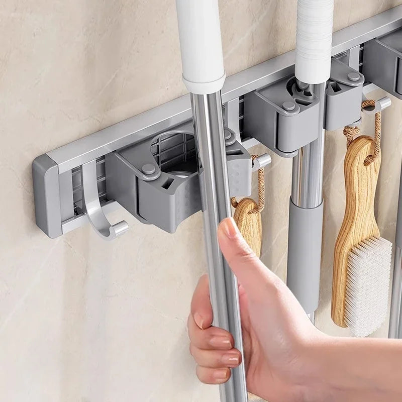 Mop and Broom Organizer Mop Holder Rack Holder Wall Mounted Strong Broom Holder Self With 5 Hooks Organizers Hang Broom