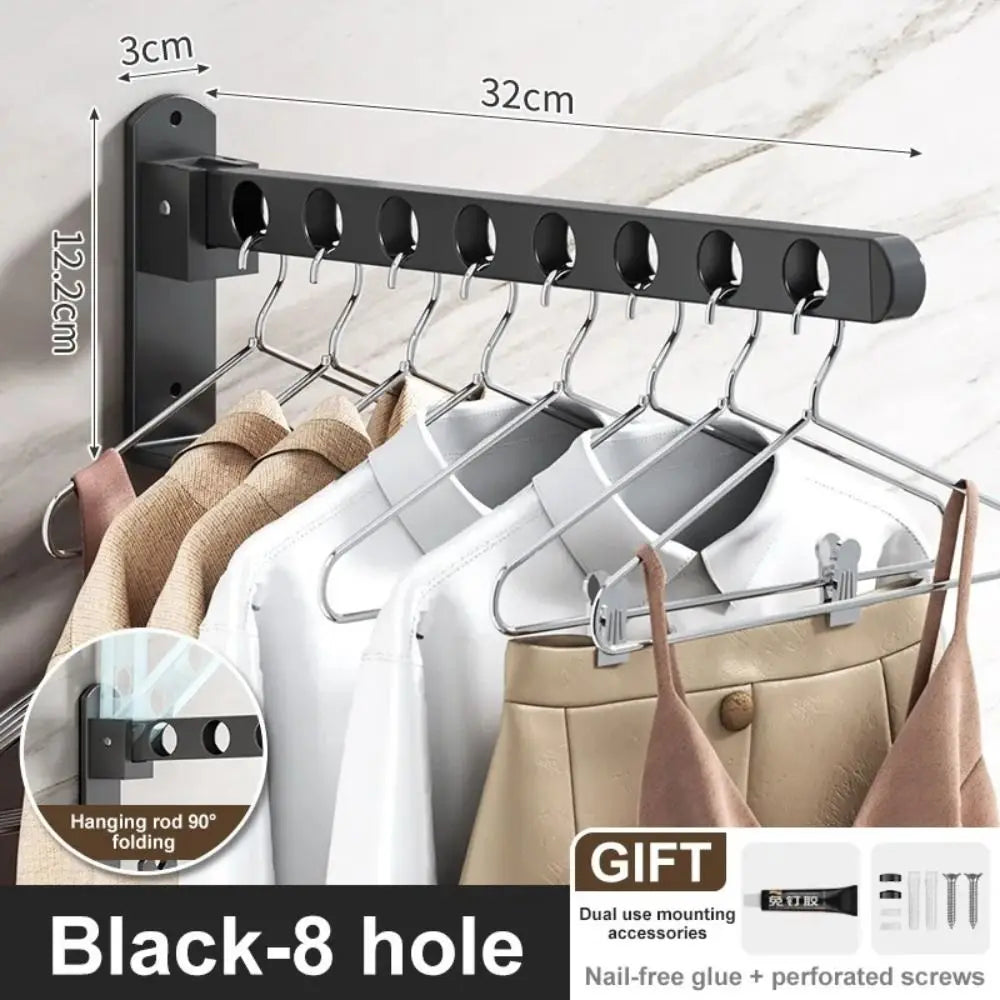 Black Stainless Steel Wall-Mounted Clothes Hanger Durable Folding Home Balcony Storage Hanger Closet Retractable Hook