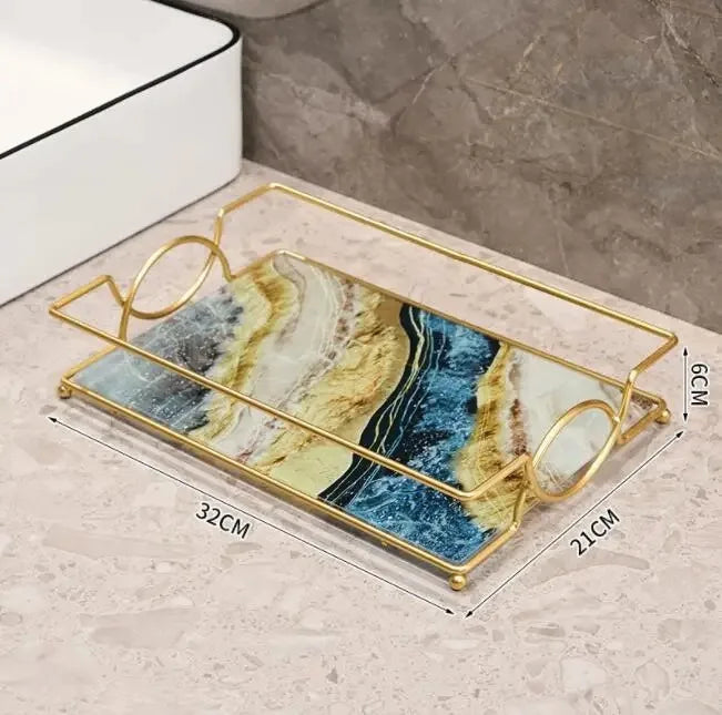 Luxury Gold Plated Rectangular Bathroom Tray Cosmetics Storage Rack Living Room Decor Desktop Sundries Food Storage Serving Tray