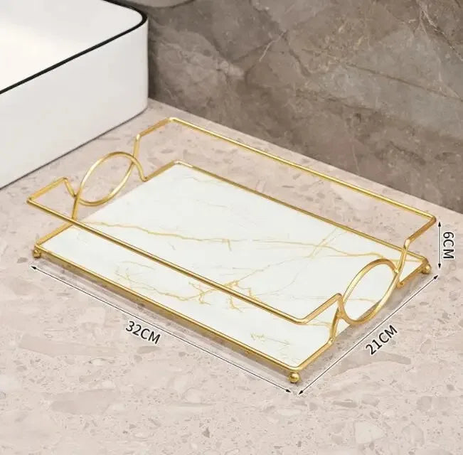 Luxury Gold Plated Rectangular Bathroom Tray Cosmetics Storage Rack Living Room Decor Desktop Sundries Food Storage Serving Tray