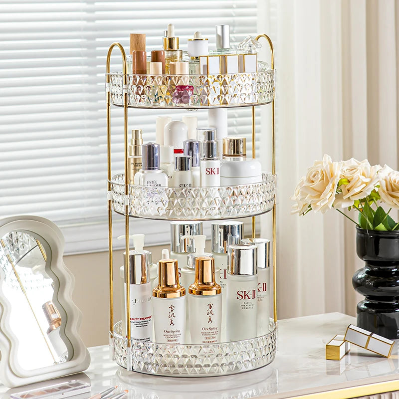 360° Rotating Cosmetic Organizer 3 Tier Transparent Diamond Pattern Cosmetic Rack Bathroom Cosmetic Vanity Organizer Countertop