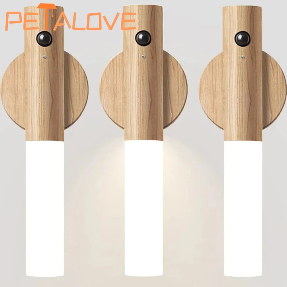Motion Sensor LED Night Light Rechargeable Wall Sconces Magnetic Wall Lights Wooden Wall Lamp for Bedroom Stair Table Cabinet