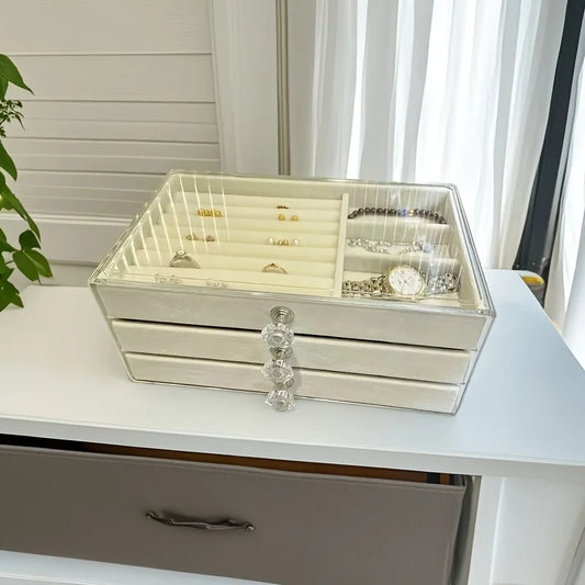 Contemporary Three-Layer Flannelette Jewelry Storage Box with Dust-Proof Drawer and Hook-and-Loop Closure for Earrings