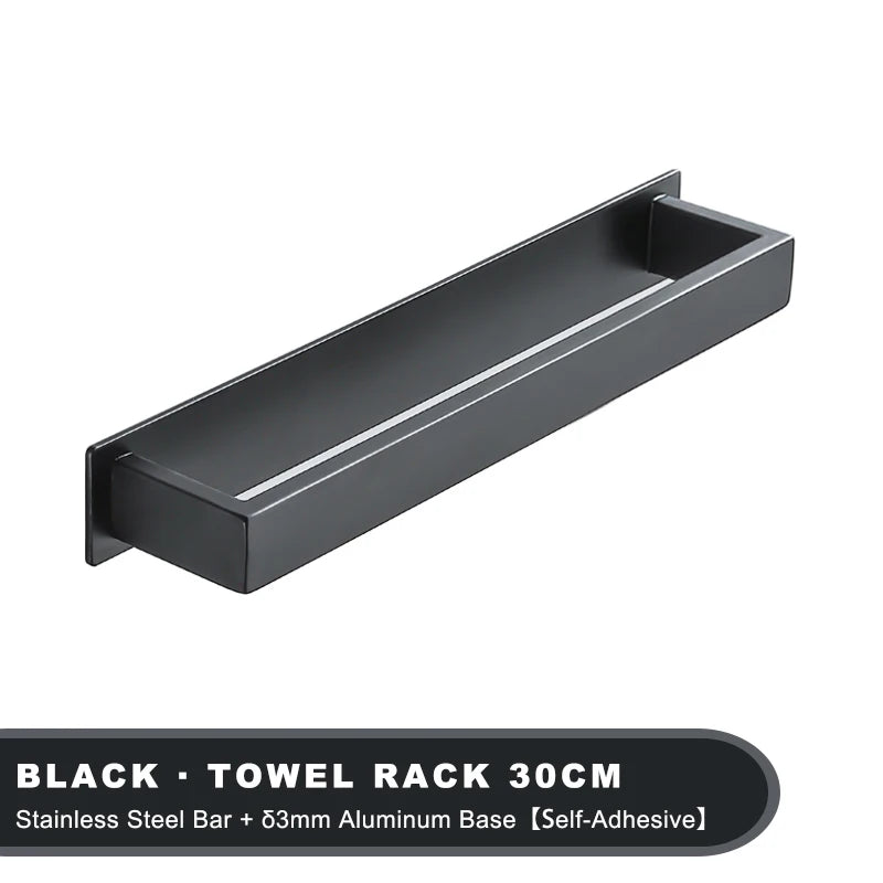 Black Stainless Steel Towel Holder No Drill Wall Shower Towel Shelf Kithchen Towel Hanger Rail Bathroom Towel Rack Self Adhesive
