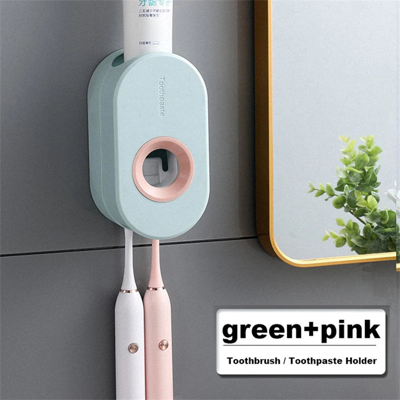 Automatic Toothpaste Dispenser Wall Mount Toothpaste Squeezer with Toothbrush Holder for Family Shower Bathroom Accessories