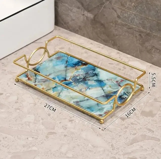 Luxury Gold Plated Rectangular Bathroom Tray Cosmetics Storage Rack Living Room Decor Desktop Sundries Food Storage Serving Tray