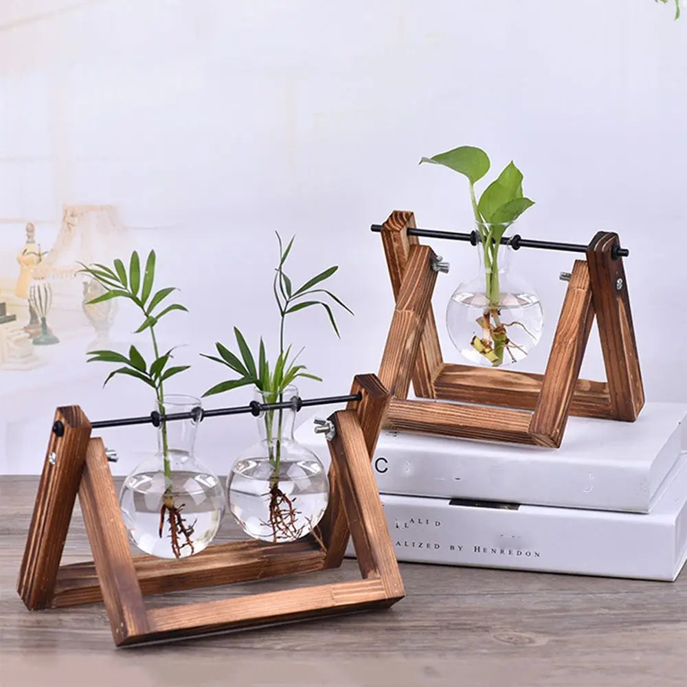 Decoration Terrarium Tabletop Planter Flower Pot Wooden Frame Hydroponic Plant Vases Glass Vase