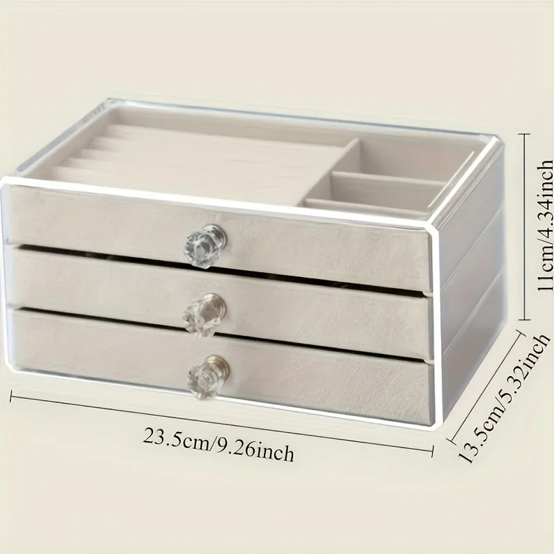 Contemporary Three-Layer Flannelette Jewelry Storage Box with Dust-Proof Drawer and Hook-and-Loop Closure for Earrings
