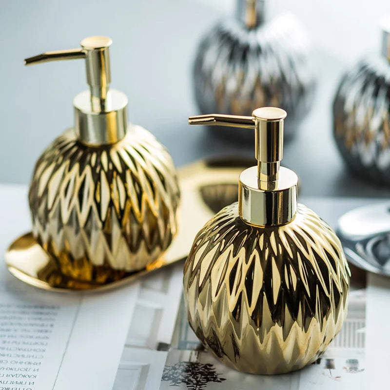 Luxury Gold Soap Dispenser with Press handle Ceramic Dispenser Silver Dispenser with stainless steel Tray Bathroom Accessory