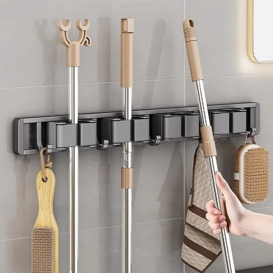 Mop and Broom Organizer Mop Holder Rack Holder Wall Mounted Strong Broom  Holder Self With 5 Hooks Organizers Hang Broom
