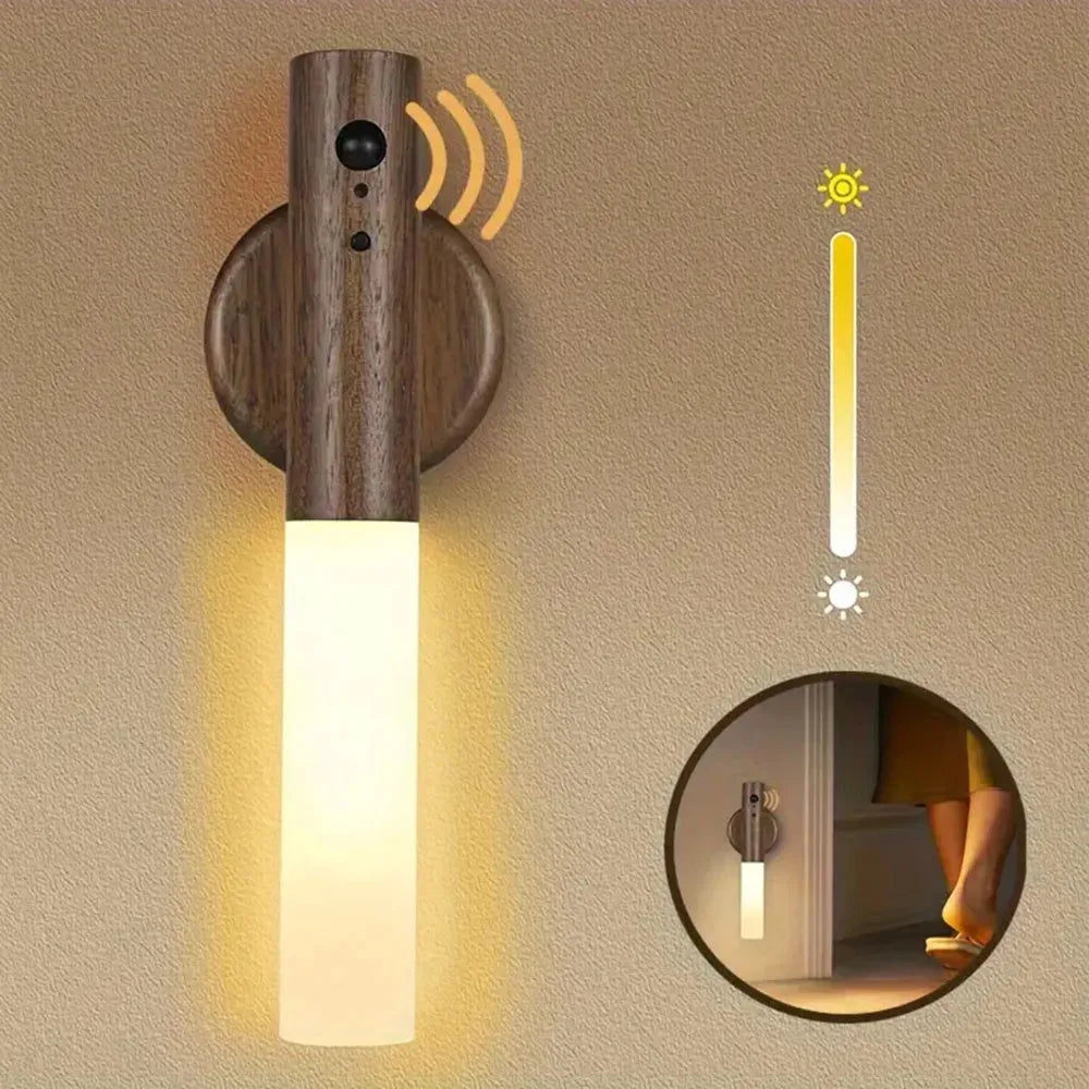 Motion Sensor LED Night Light Rechargeable Wall Sconces Magnetic Wall Lights Wooden Wall Lamp for Bedroom Stair Table Cabinet