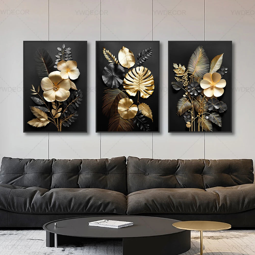 Luxury Black Golden Plant Leaf Art