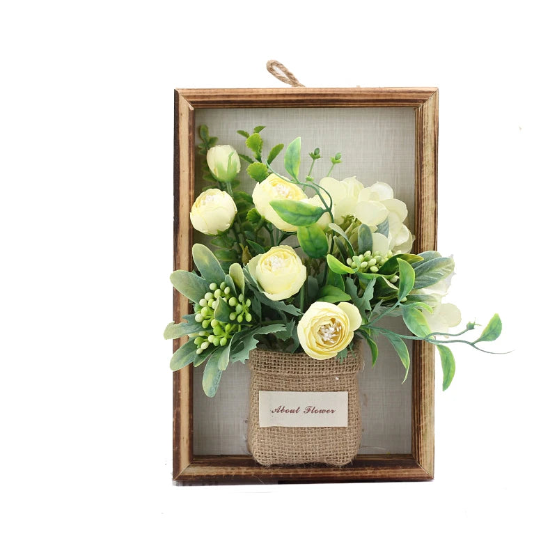 New Flower Display with Wooden Frame Bud Hydrangea 3D Photo Frame Faux Flowers Wall Decor Wall Plant Photo Wood Frame