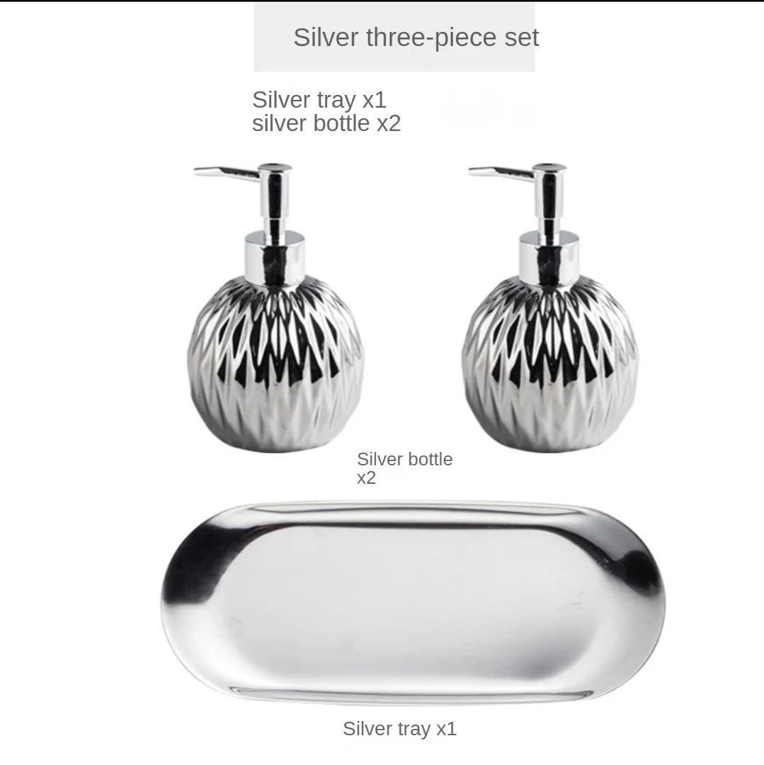 Luxury Gold Soap Dispenser with Press handle Ceramic Dispenser Silver Dispenser with stainless steel Tray Bathroom Accessory