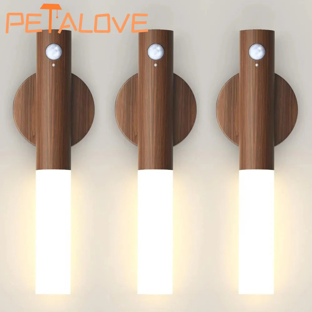 Motion Sensor LED Night Light Rechargeable Wall Sconces Magnetic Wall Lights Wooden Wall Lamp for Bedroom Stair Table Cabinet
