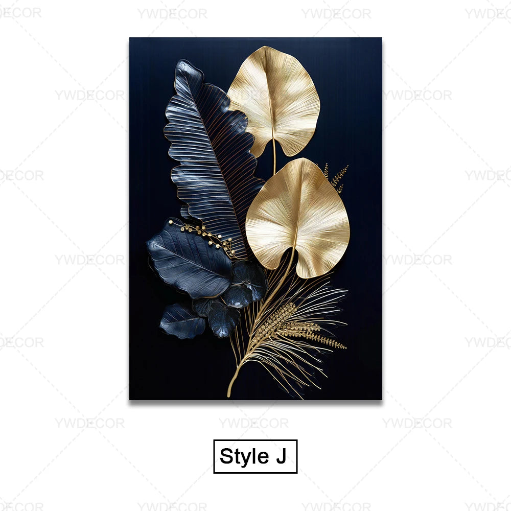 Luxury Black Golden Plant Leaf Art