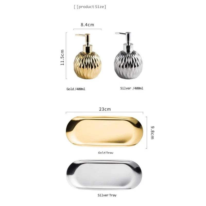 Luxury Gold Soap Dispenser with Press handle Ceramic Dispenser Silver Dispenser with stainless steel Tray Bathroom Accessory