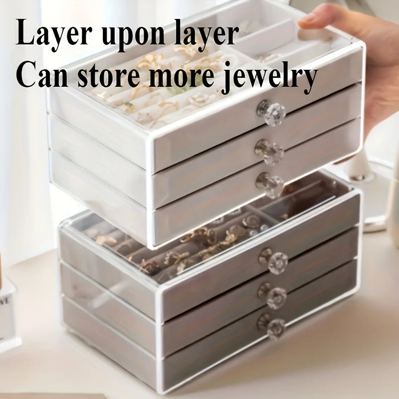 Contemporary Three-Layer Flannelette Jewelry Storage Box with Dust-Proof Drawer and Hook-and-Loop Closure for Earrings