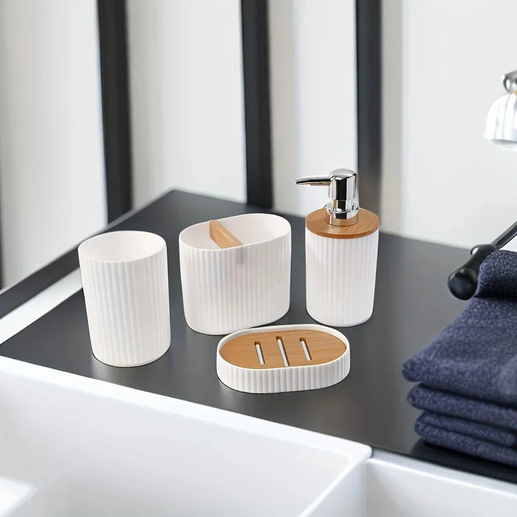 4pcs Bathroom Accessories Set Plastic Bathroom Accessories Toothbrush Holder Mouthwash Cup Soap Dispenser Soap Dish