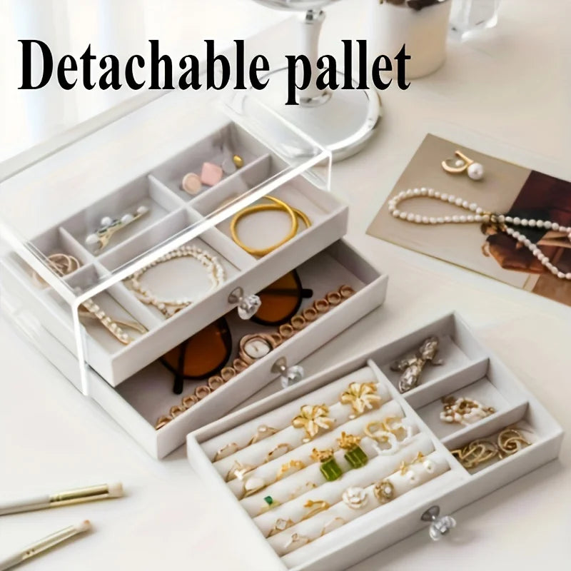 Contemporary Three-Layer Flannelette Jewelry Storage Box with Dust-Proof Drawer and Hook-and-Loop Closure for Earrings