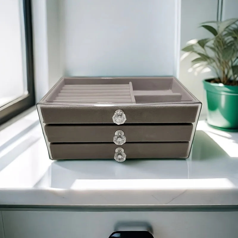 Contemporary Three-Layer Flannelette Jewelry Storage Box with Dust-Proof Drawer and Hook-and-Loop Closure for Earrings