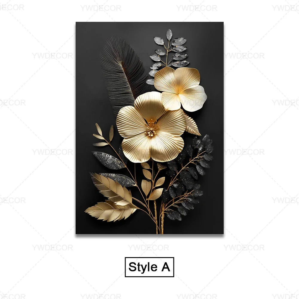 Luxury Black Golden Plant Leaf Art