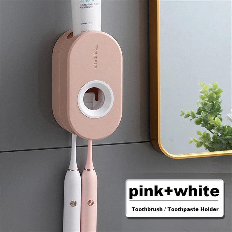 Automatic Toothpaste Dispenser Wall Mount Toothpaste Squeezer with Toothbrush Holder for Family Shower Bathroom Accessories