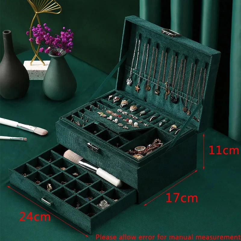 New 3 layer Vintage Jewlery box organizer and packaging ring jewelry box for Rings Earrings and Necklace with Soft Velvet Lining