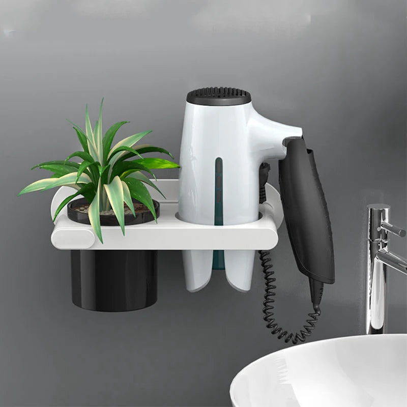Wall Mounted Hair Dryer Holder, Self-Adhesive, Rack, Punch-Free, Bathroom Supplies, Shelf Organizer