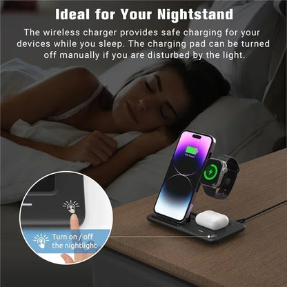 3 In 1 Wireless Charger Pad Stand Phone Holder Bracket Induction Fast Charging Station for iPhone 16 15 14 13 12 iWatch Airpods