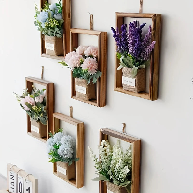 New Flower Display with Wooden Frame Bud Hydrangea 3D Photo Frame Faux Flowers Wall Decor Wall Plant Photo Wood Frame