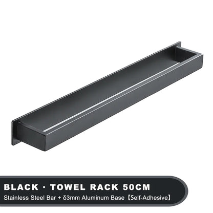 Black Stainless Steel Towel Holder No Drill Wall Shower Towel Shelf Kithchen Towel Hanger Rail Bathroom Towel Rack Self Adhesive
