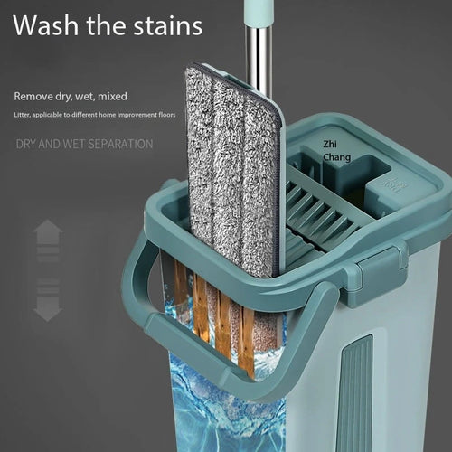 Flat Squeeze Mop Hands Free Wringing Microfiber Pad with Bucket for Hardwood Laminate Floor Window Wet Dry Washable Cleaning Set
