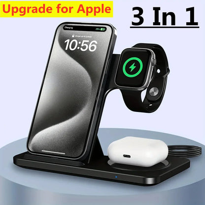 3 In 1 Wireless Charger Pad Stand Phone Holder Bracket Induction Fast Charging Station for iPhone 16 15 14 13 12 iWatch Airpods