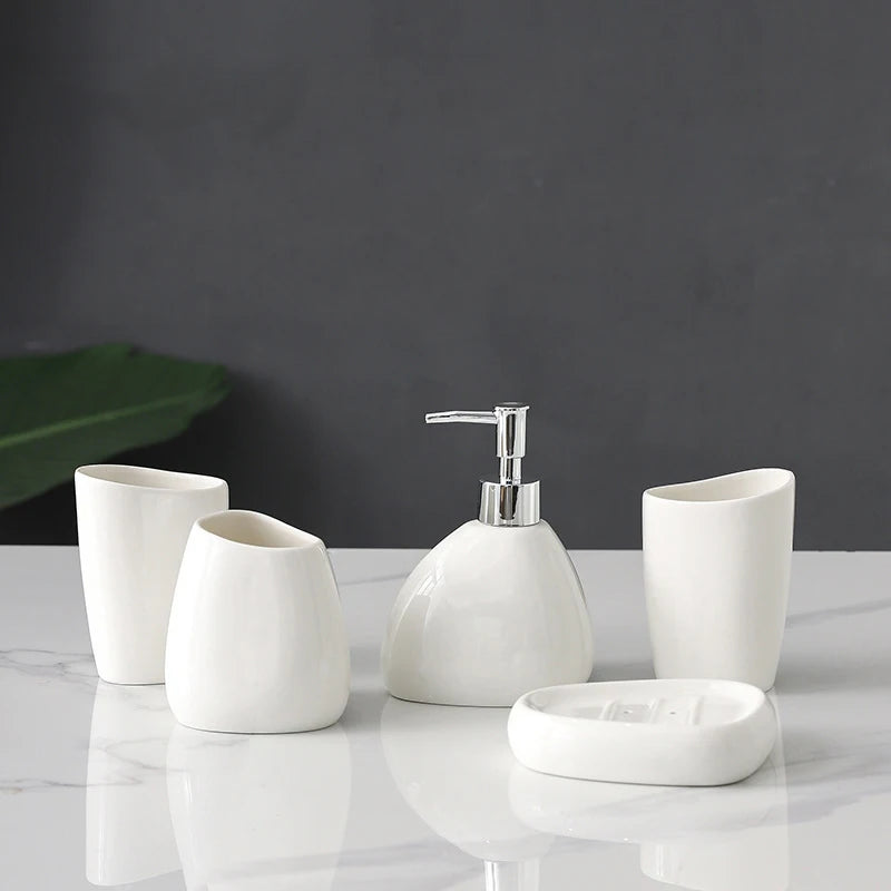 4/5 Pcs Modern Ceramic Bathroom Accessory Set with Pump Dispenser Tumbler Toothbrush Holder and Soap Dish Bathroom Supplies