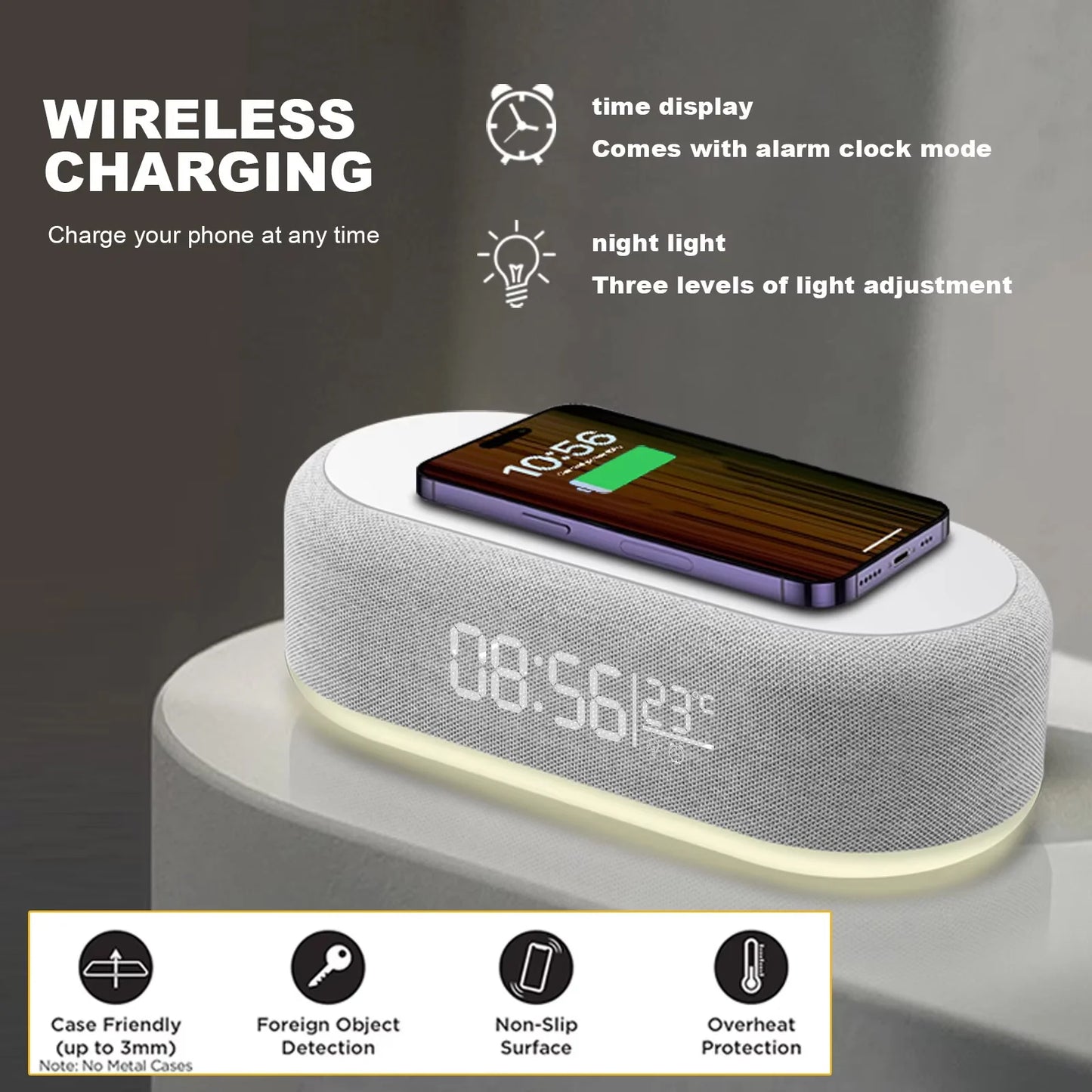 15W Wireless Chargers Pad Stand Alarm Bedroom Lamp Night Light Desktop Clock Temperature Thermometer Phone Fast Charging Dock