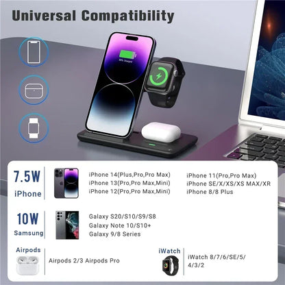 3 In 1 Wireless Charger Pad Stand Phone Holder Bracket Induction Fast Charging Station for iPhone 16 15 14 13 12 iWatch Airpods