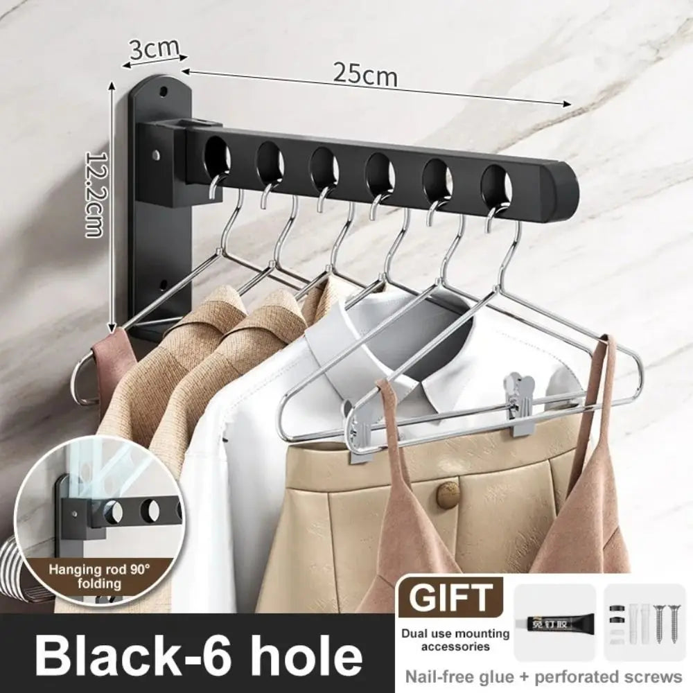 Black Stainless Steel Wall-Mounted Clothes Hanger Durable Folding Home Balcony Storage Hanger Closet Retractable Hook