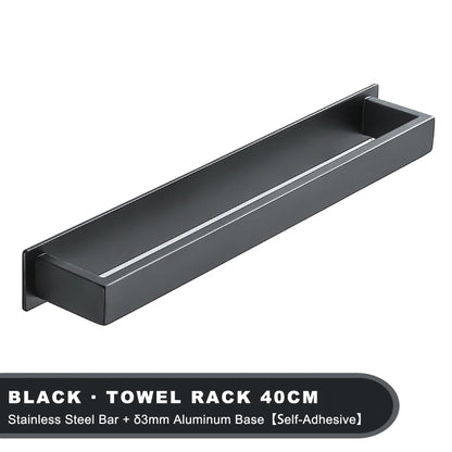 Black Stainless Steel Towel Holder No Drill Wall Shower Towel Shelf Kithchen Towel Hanger Rail Bathroom Towel Rack Self Adhesive