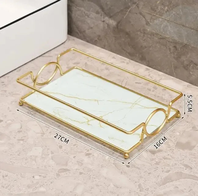 Luxury Gold Plated Rectangular Bathroom Tray Cosmetics Storage Rack Living Room Decor Desktop Sundries Food Storage Serving Tray