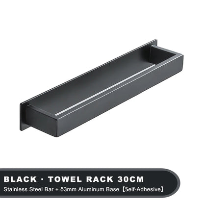 Black Stainless Steel Towel Holder No Drill Wall Shower Towel Shelf Kithchen Towel Hanger Rail Bathroom Towel Rack Self Adhesive