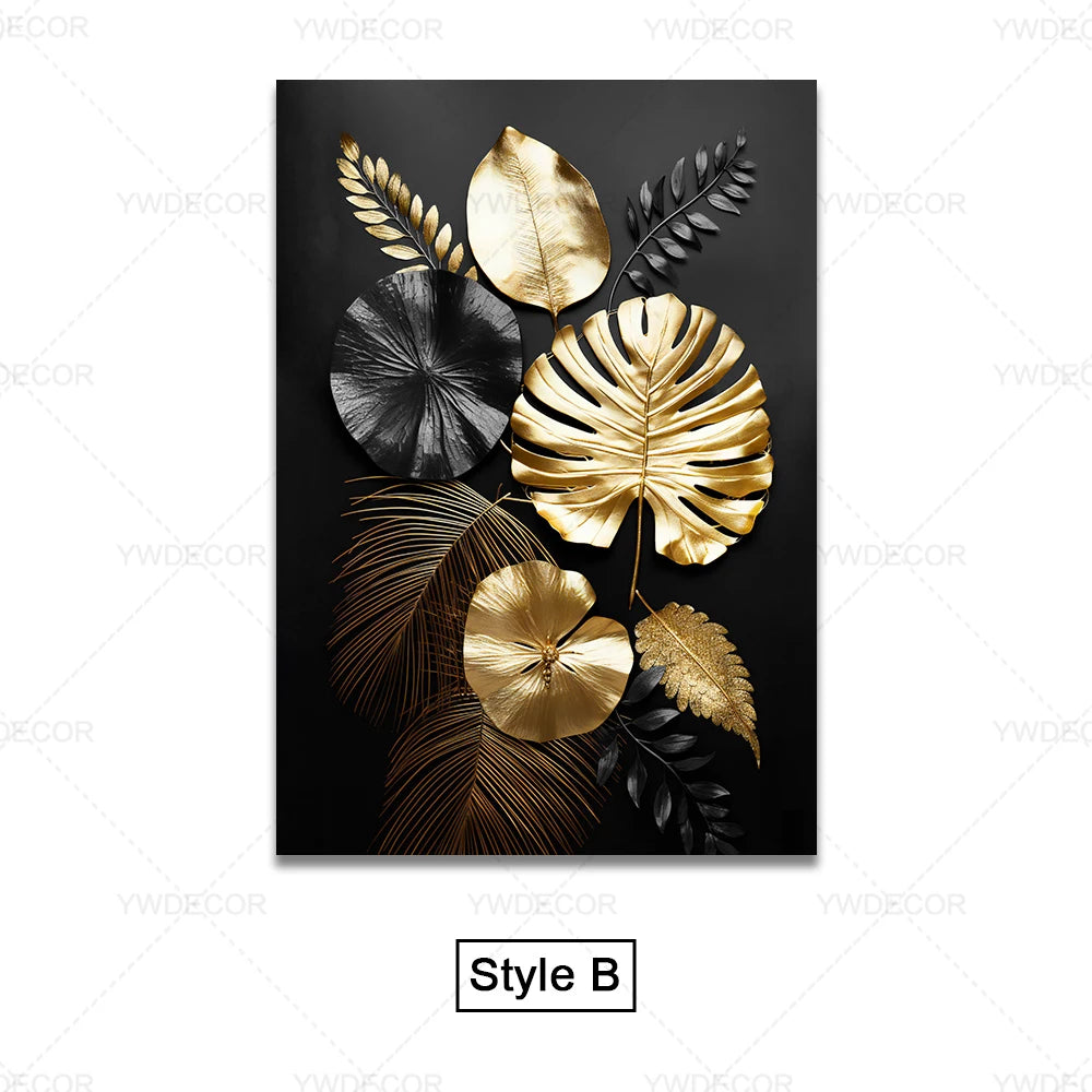 Luxury Black Golden Plant Leaf Art