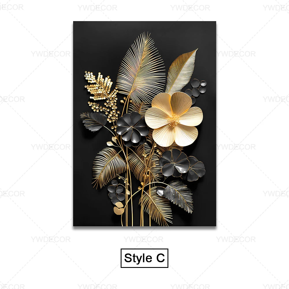 Luxury Black Golden Plant Leaf Art