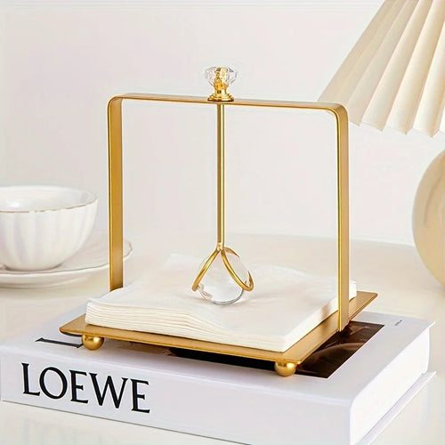1pc Elegant Golden Stainless Steel Square Napkin Holder with Clear Crystal Accent,Freestanding Tissue Organizer for Bathroom