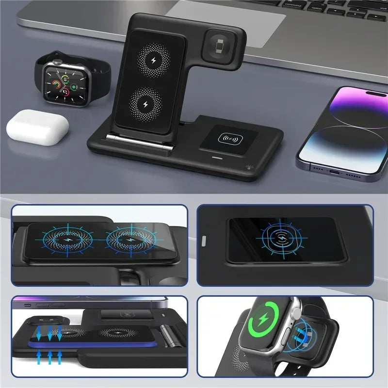 3 In 1 Wireless Charger Pad Stand Phone Holder Bracket Induction Fast Charging Station for iPhone 16 15 14 13 12 iWatch Airpods