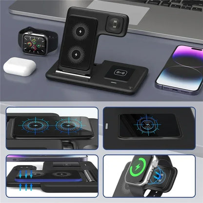 3 In 1 Wireless Charger Pad Stand Phone Holder Bracket Induction Fast Charging Station for iPhone 16 15 14 13 12 iWatch Airpods