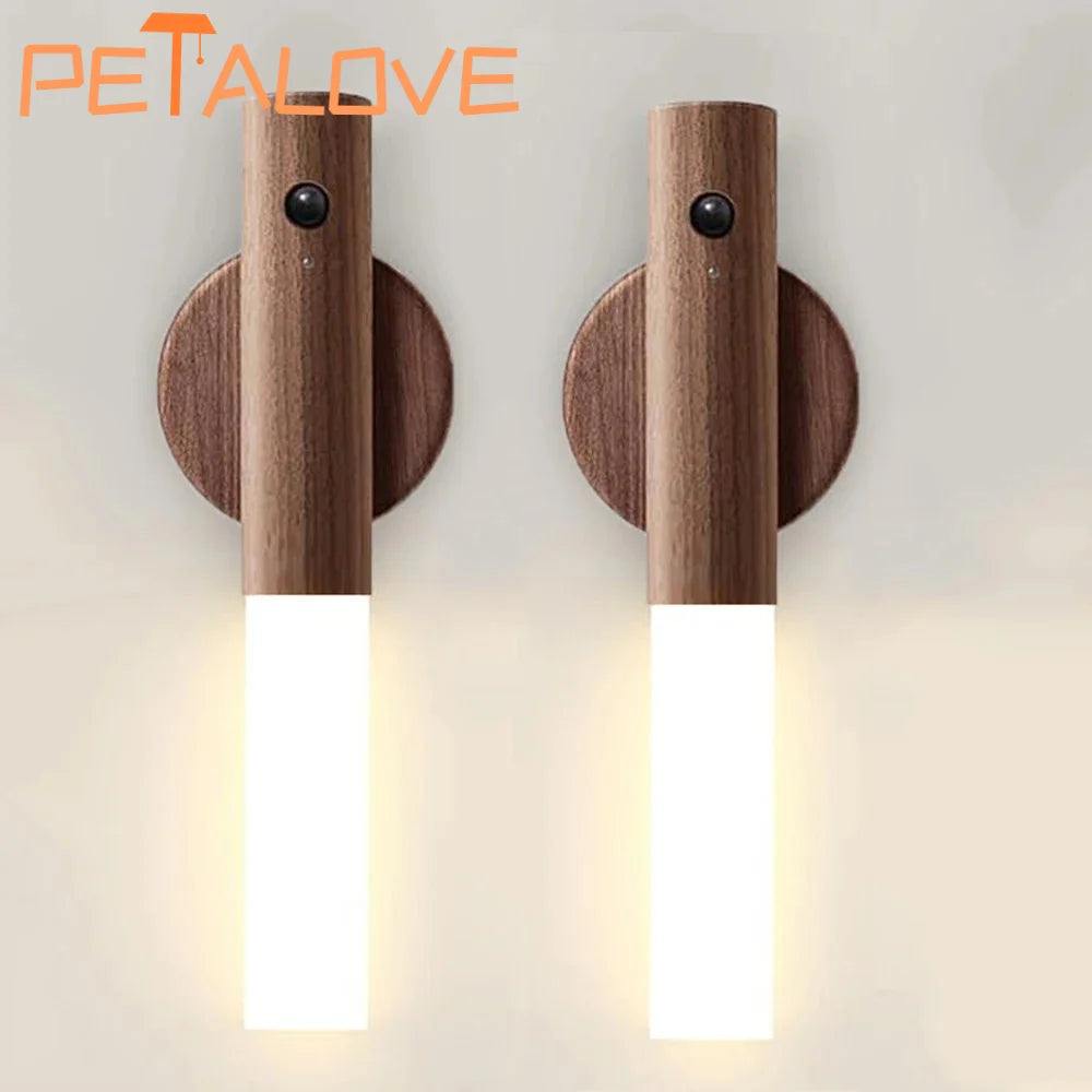 Motion Sensor LED Night Light Rechargeable Wall Sconces Magnetic Wall Lights Wooden Wall Lamp for Bedroom Stair Table Cabinet